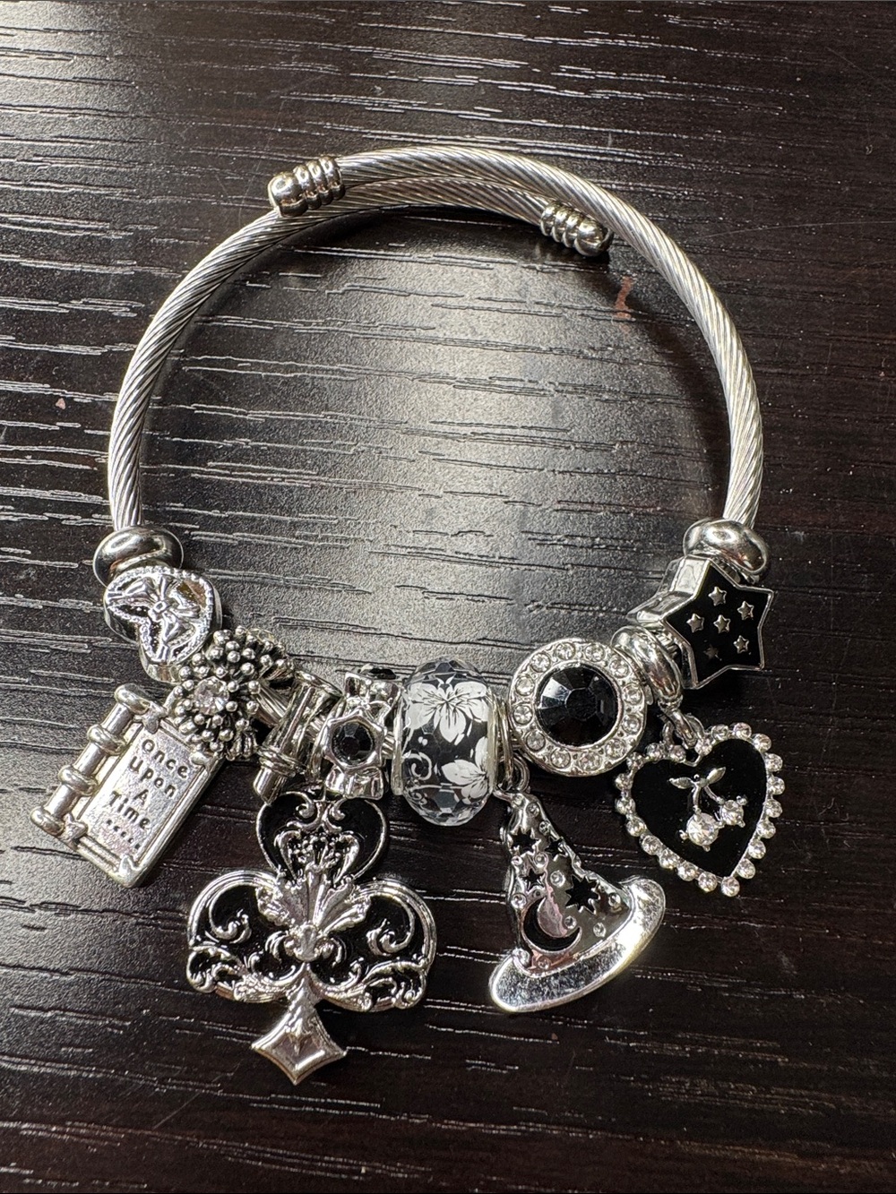 Silver-Tone Charm Bangle Bracelet with Floral Glass & Black Accents